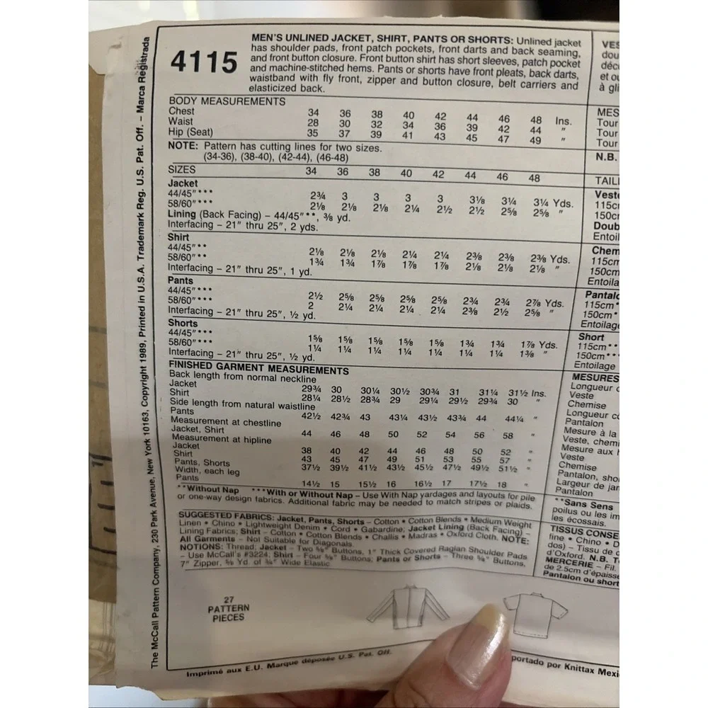 Vintage McCalls 4115 Mens Suit Sewing Pattern Uncut Jacket Shirt Pants 34 36
